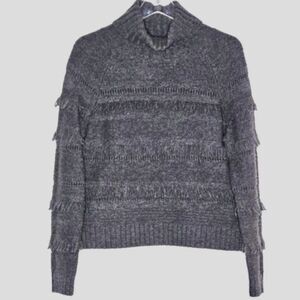 Brown Allan Wool Cashmere Blend Gray Fringe Long Sleeve Turtleneck Knit Sweater